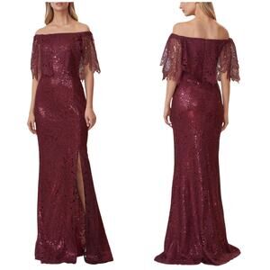 Alexander by Daymor NWT Off Shoulder Sequin Lace Overlay Gown Size 6 Bordeaux